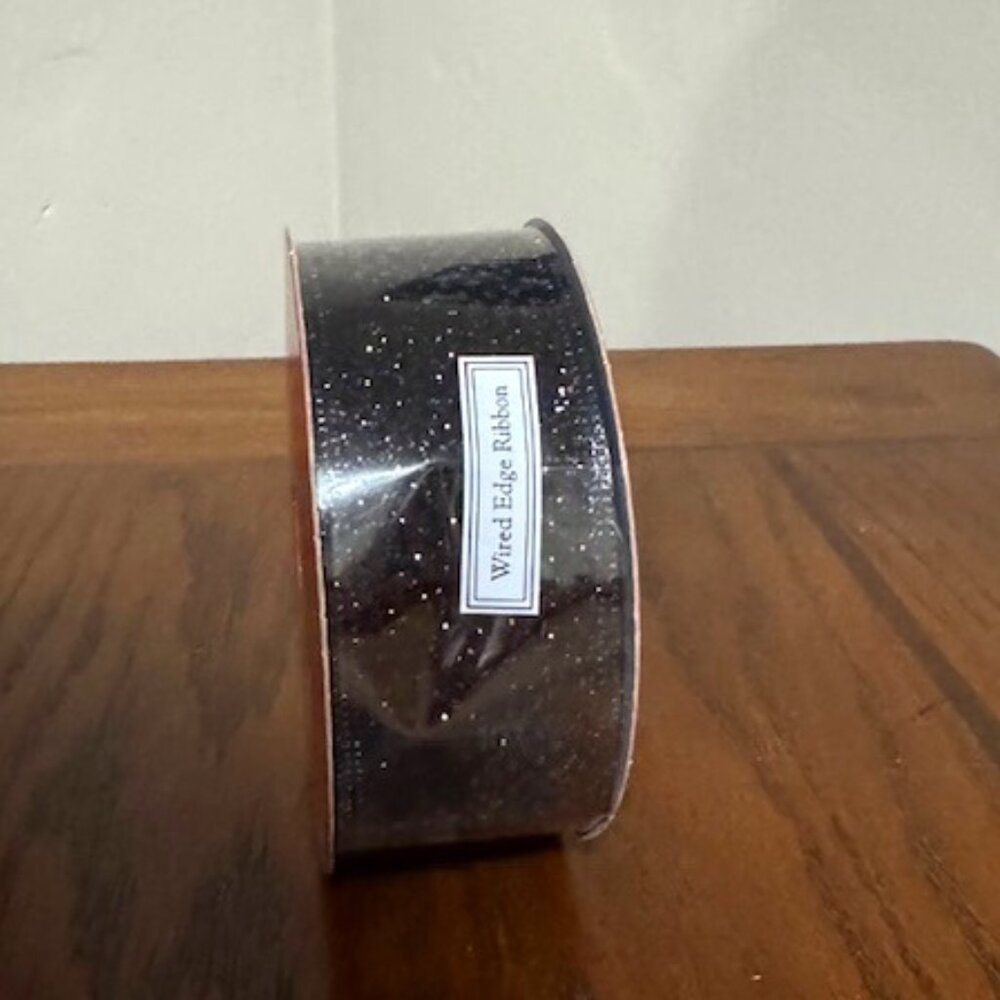NWT Wired Edge 1.5" Black with Silver Glitter Christmas Ribbon